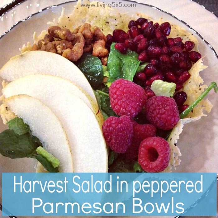 If you just need a good, green dish in your life, try this Fall harvest salad for holiday dinner. It's prepared and served in peppered Parmesan Bowls.
